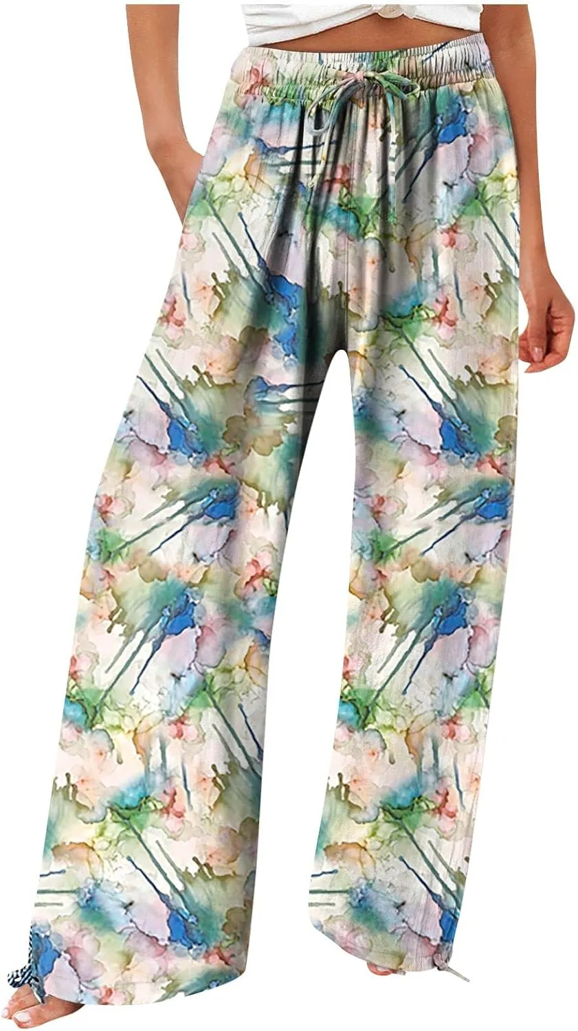 Linen Pants Women Plus Size Boho Women's Loose Trousers Linen High Waist Wide Leg Pants Pockets for Spring Summer