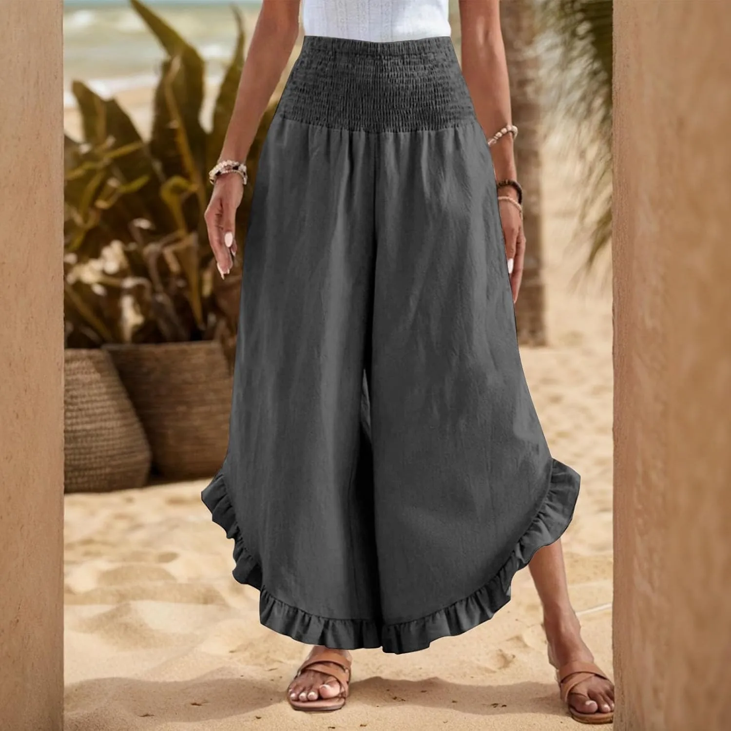 Linen Pants Women Summer Wide Leg Smocked Waist Ruffle Hem Palazzo Pants Boho Flowy Beach Vacation Pant with Pockets