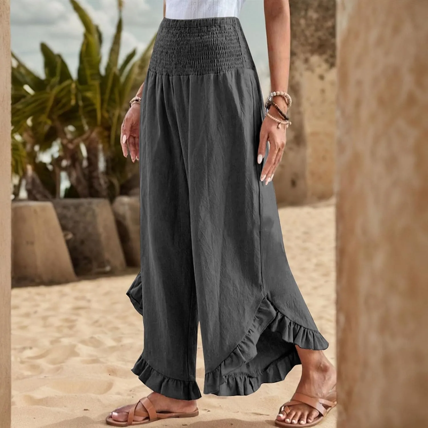 Linen Pants Women Summer Wide Leg Smocked Waist Ruffle Hem Palazzo Pants Boho Flowy Beach Vacation Pant with Pockets