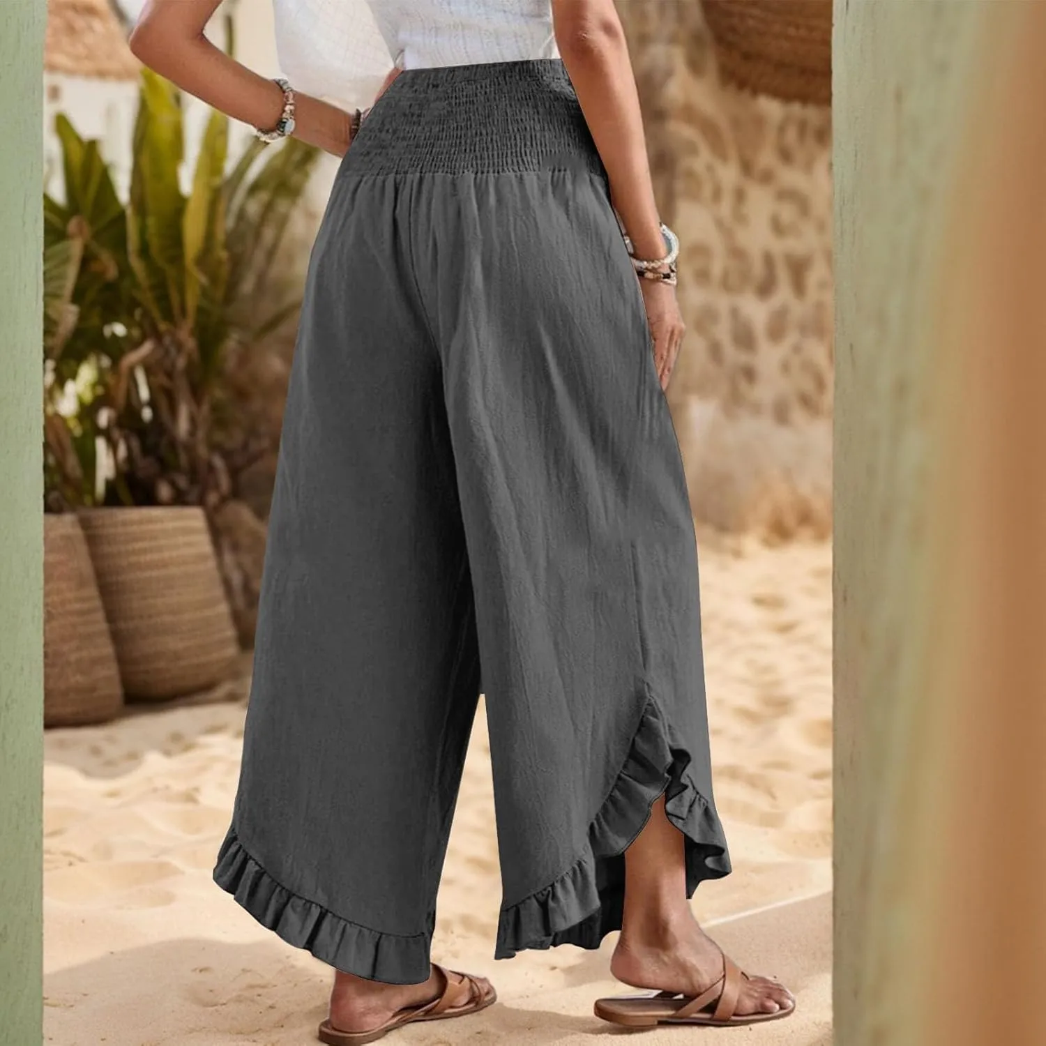 Linen Pants Women Summer Wide Leg Smocked Waist Ruffle Hem Palazzo Pants Boho Flowy Beach Vacation Pant with Pockets