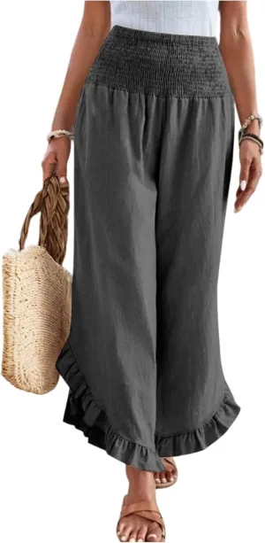 Linen Pants Women Summer Wide Leg Smocked Waist Ruffle Hem Palazzo Pants Boho Flowy Beach Vacation Pant with Pockets