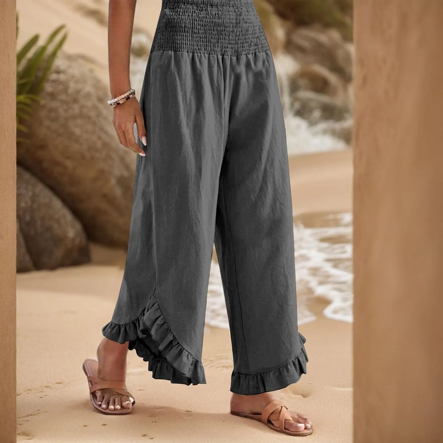 Linen Pants Women Summer Wide Leg Smocked Waist Ruffle Hem Palazzo Pants Boho Flowy Beach Vacation Pant with Pockets