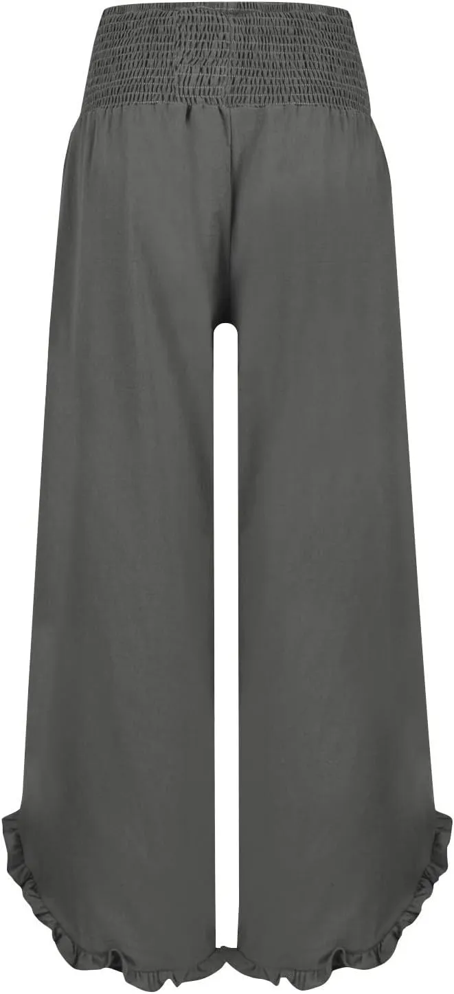 Linen Wide Leg Pants for Women Smocked High Waisted Palazzo Pants Boho Flowy Ruffle Hem Beach Trousers with Pockets