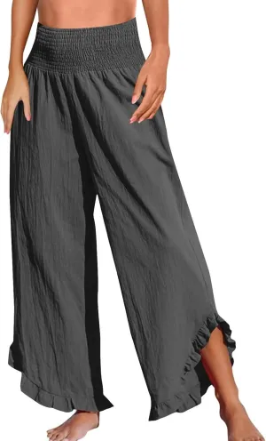 Linen Wide Leg Pants for Women Smocked High Waisted Palazzo Pants Boho Flowy Ruffle Hem Beach Trousers with Pockets