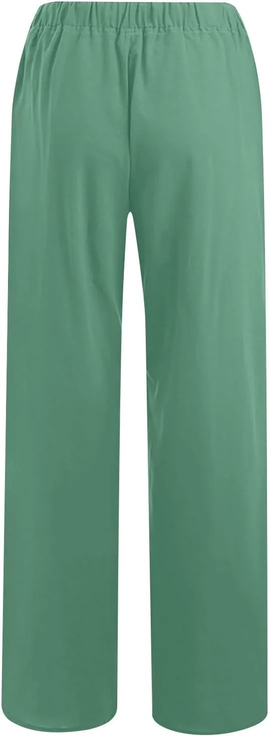 Lmdudan 2025 Womens Casual Linen High Waist Pants Drawstring Loose Fit Summer Pants Comfy Dressy Trousers with Pockets