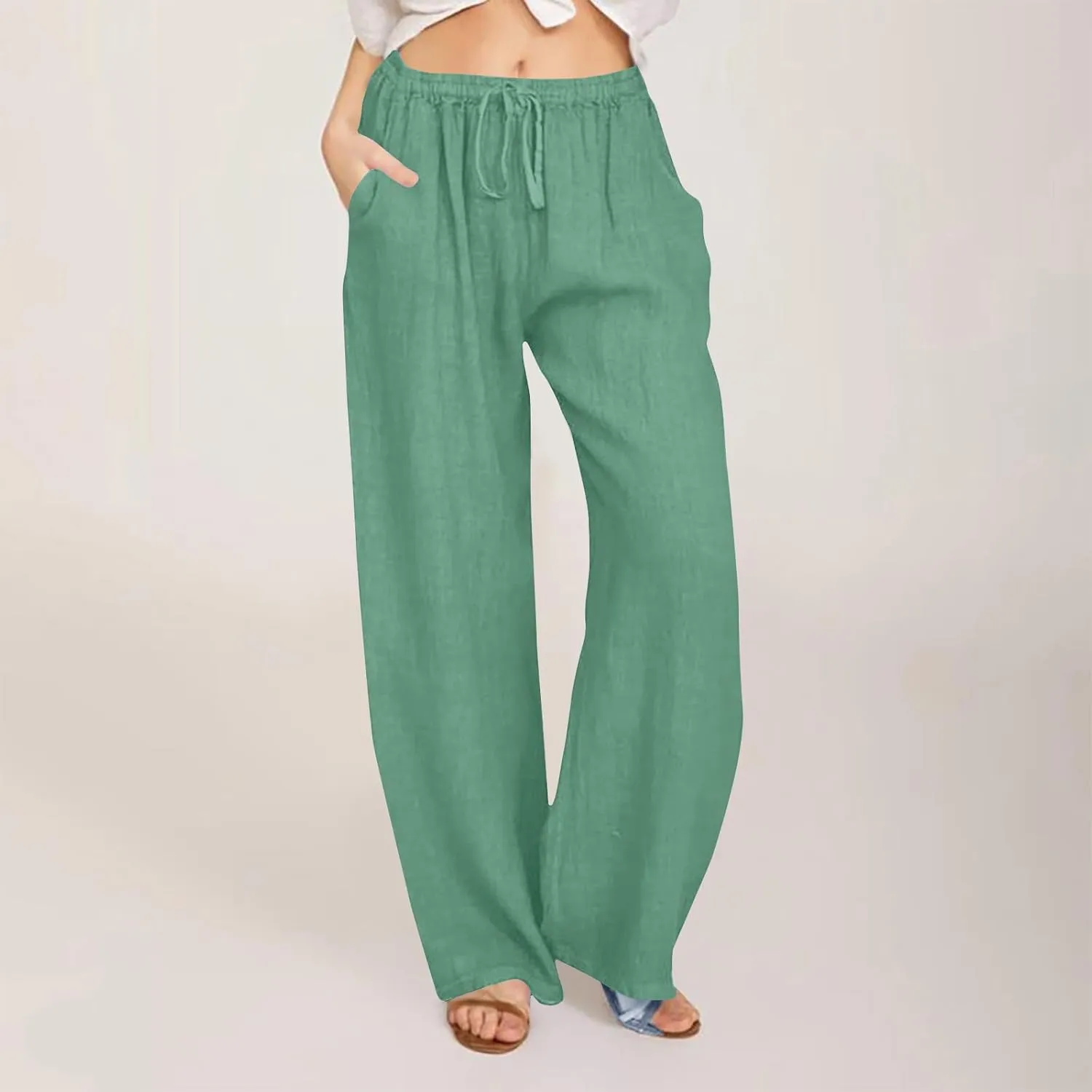 Lmdudan 2025 Womens Casual Linen High Waist Pants Drawstring Loose Fit Summer Pants Comfy Dressy Trousers with Pockets