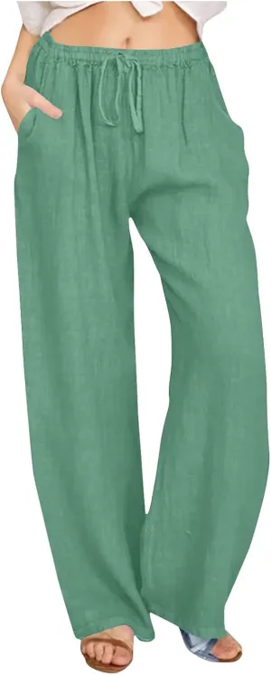 Lmdudan 2025 Womens Casual Linen High Waist Pants Drawstring Loose Fit Summer Pants Comfy Dressy Trousers with Pockets