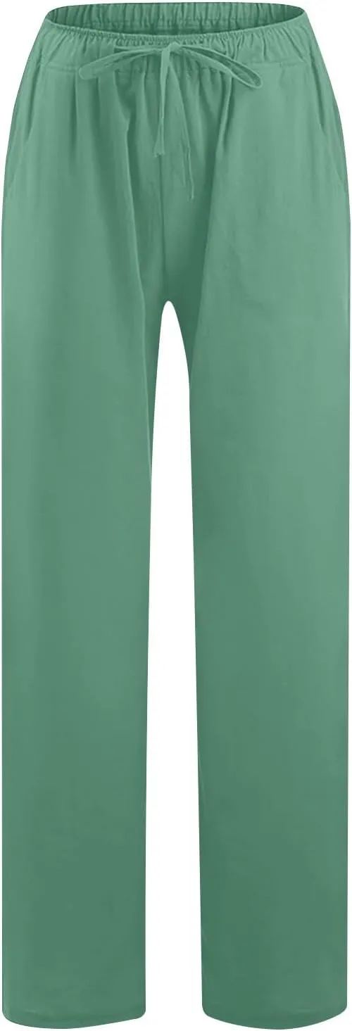 Lmdudan 2025 Womens Casual Linen High Waist Pants Drawstring Loose Fit Summer Pants Comfy Dressy Trousers with Pockets