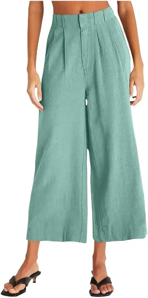 Lmdudan Wide Leg Capri Pants for Women High Waist Cotton Linen Flowy Pleated Capris Cropped Pant Casual Trousers with Pockets