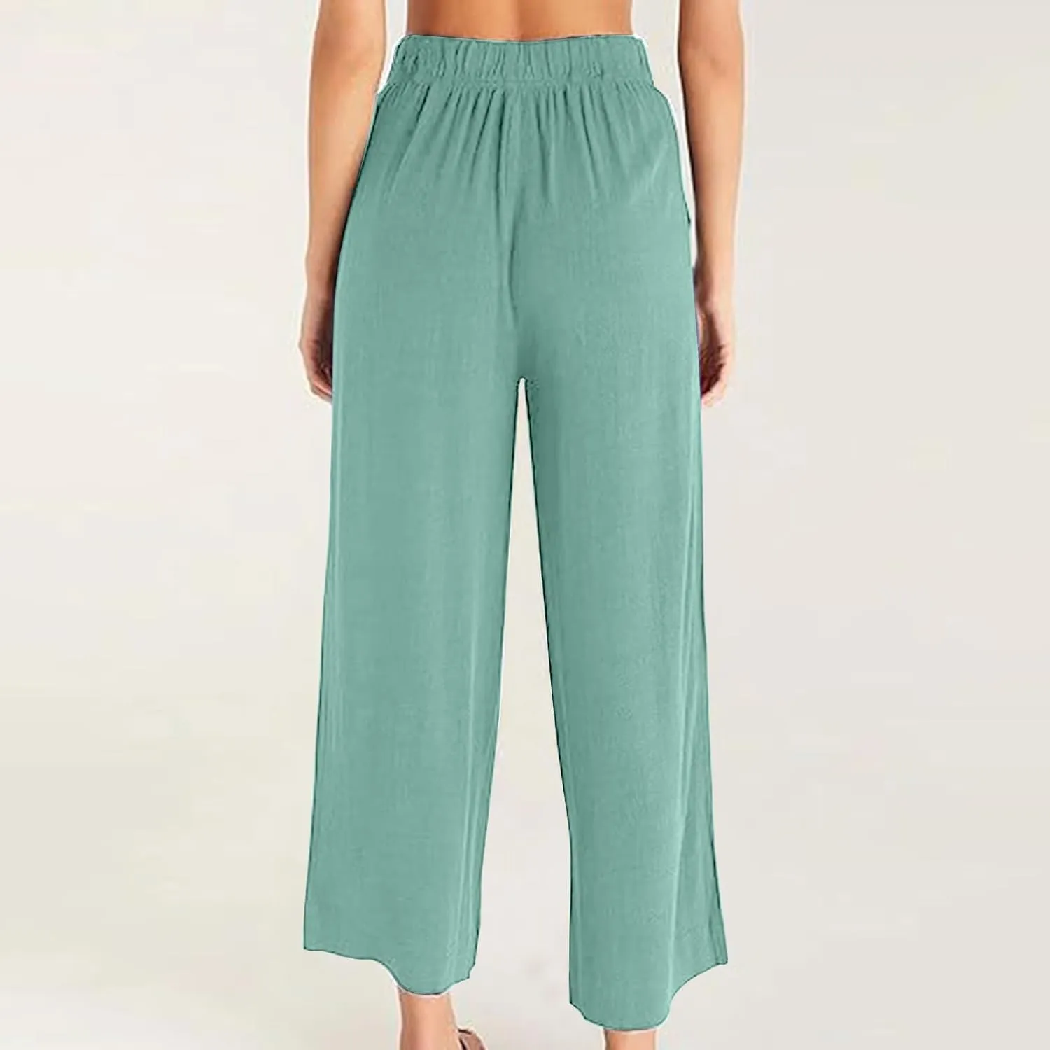 Lmdudan Wide Leg Capri Pants for Women High Waist Cotton Linen Flowy Pleated Capris Cropped Pant Casual Trousers with Pockets