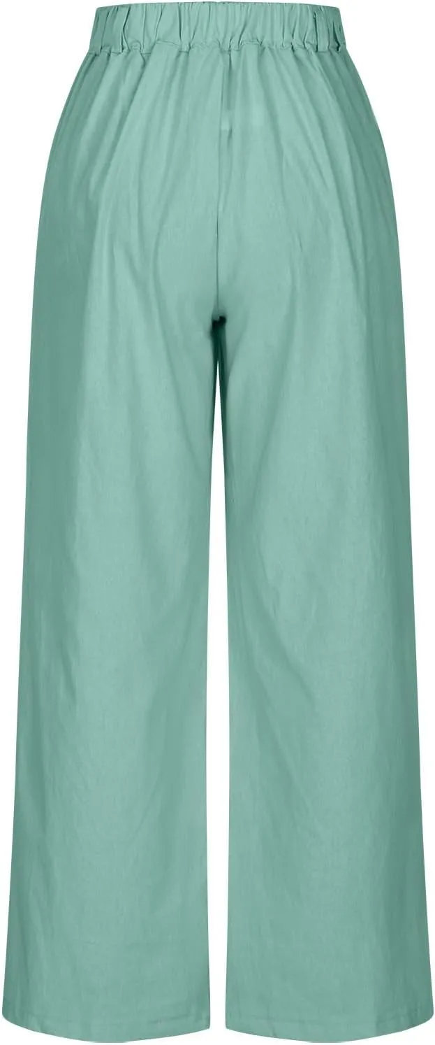 Lmdudan Wide Leg Capri Pants for Women High Waist Cotton Linen Flowy Pleated Capris Cropped Pant Casual Trousers with Pockets