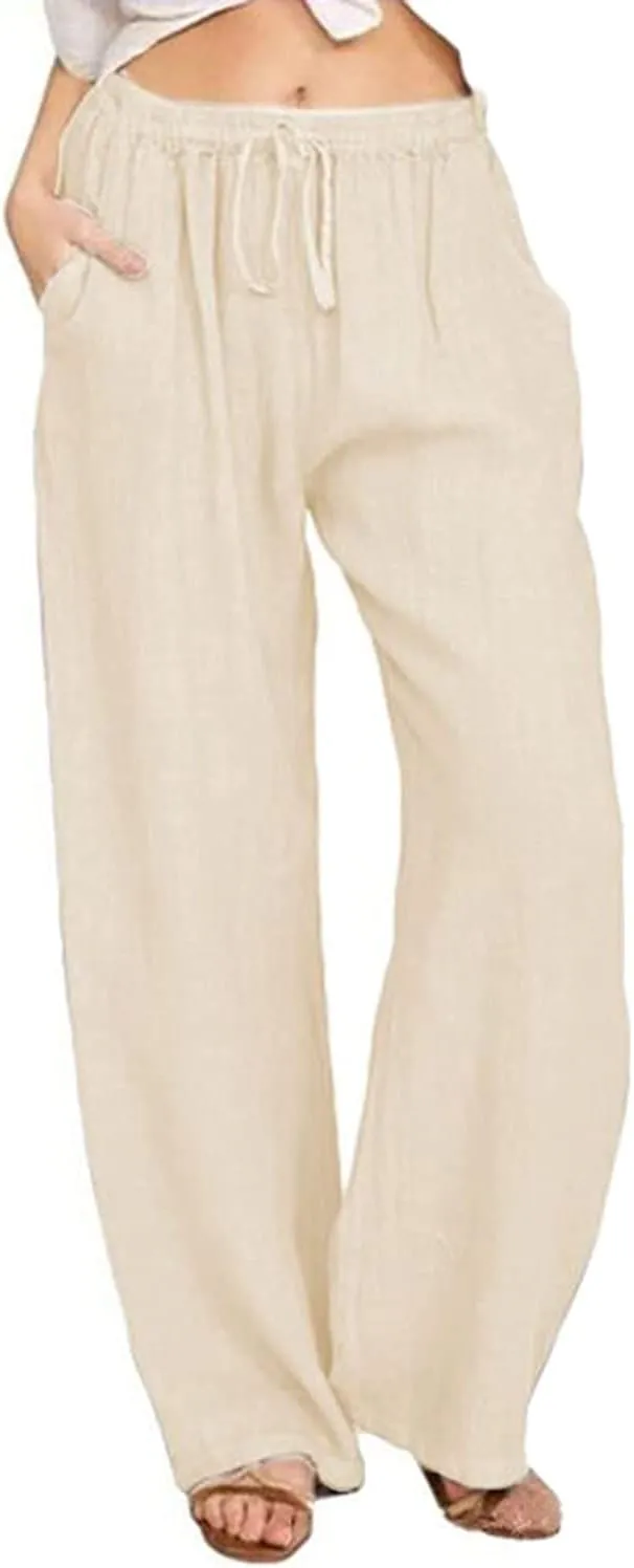 loveimgs Women's Casual Wide Leg Elastic Waist Loose Lightweight Summer Linen Beach Pants Drawstring