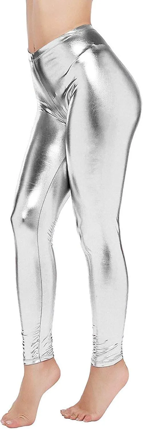 Loxdonz Women Wet Look Shiny Metallic Leggings Liquid Waist Stretch Pants
