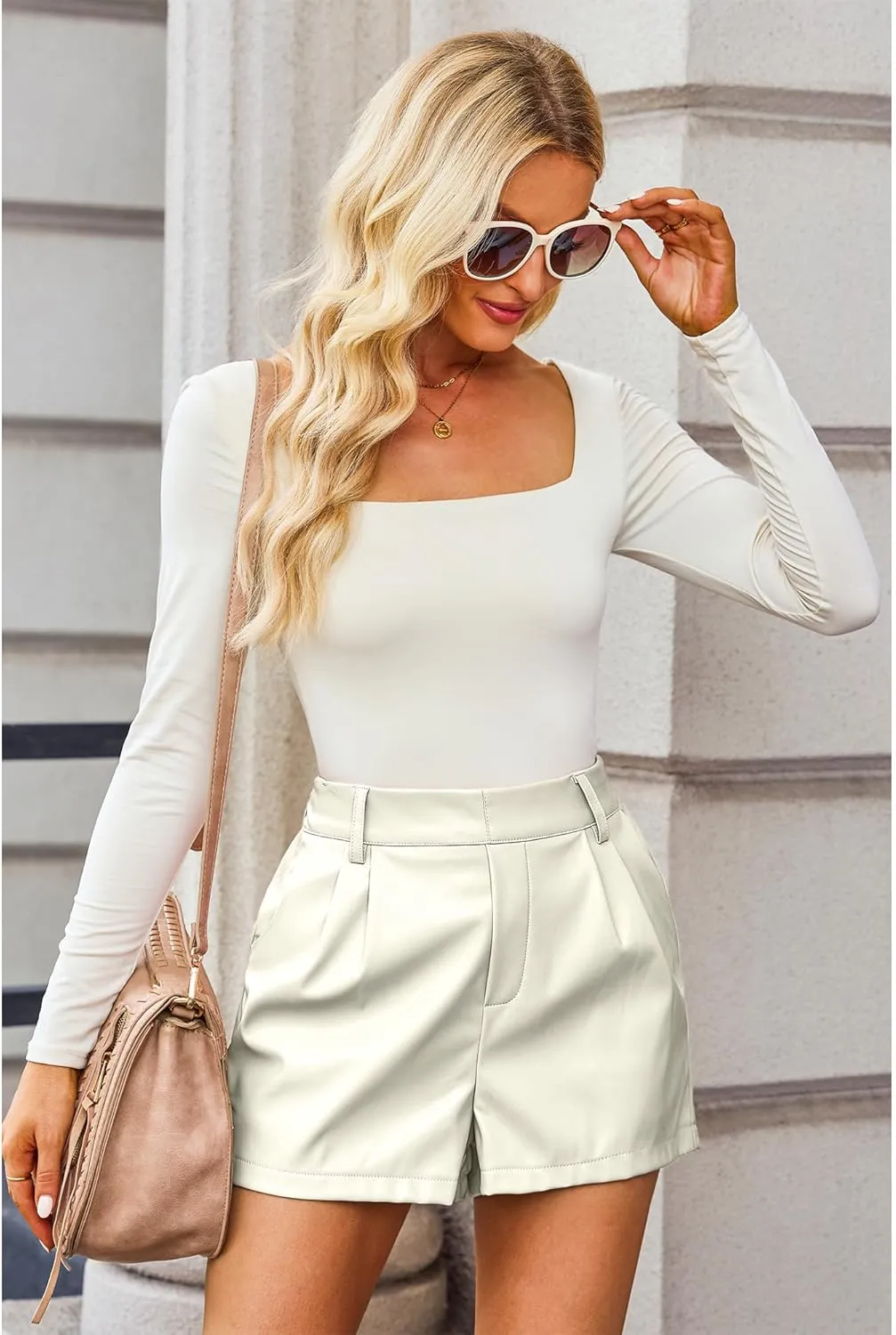luvamia Faux Leather Shorts for Women High Waisted Pleated Wide Leg Stretchy Shorts with Pockets PU Leather Pants