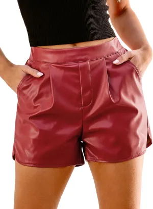 luvamia Faux Leather Shorts for Women High Wasited Pull On Pleated Side Slit Pleather Shorts with Elastic Waist Pockets