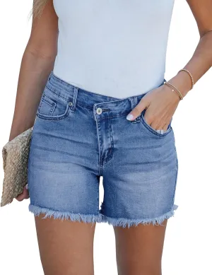 luvamia Jean Shorts for Women Low Waisted Trendy Stretchy Crossover Waist Denim Shorts Raw Hem Casual Summer Pockets