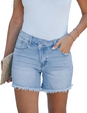 luvamia Jean Shorts for Women Low Waisted Trendy Stretchy Crossover Waist Denim Shorts Raw Hem Casual Summer Pockets