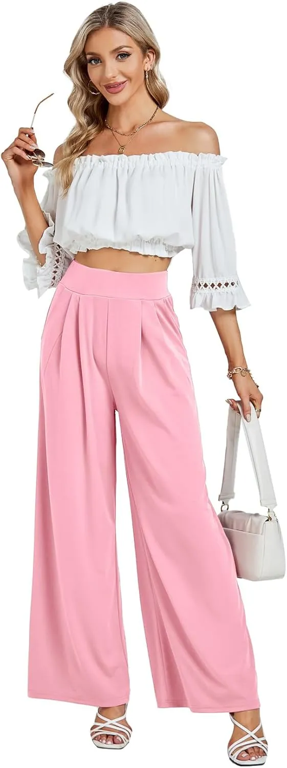 LYANER Women's Wide Leg High Waist Pleated Palazzo Pants Trousers with Pockets