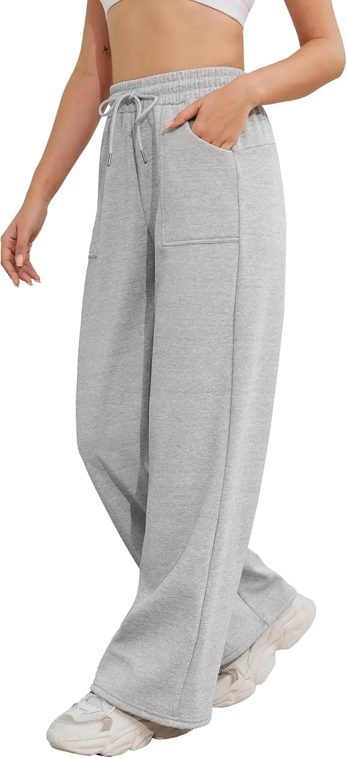 M MOTEEPI Womens Fleece Wide Leg Sweatpants Baggy High Waisted Winter Sweats Pants Straight Legs Athletic Pants with Pockets
