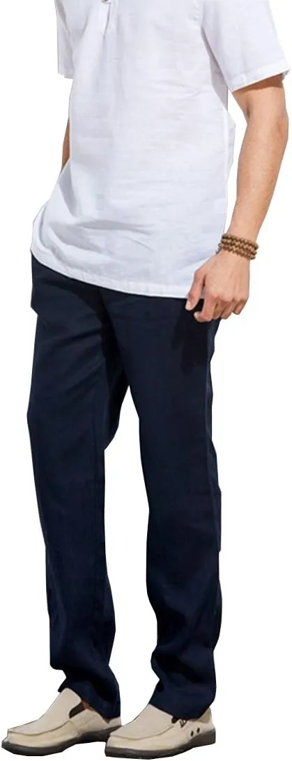 Manwan walk Mens Casual Beach Trousers Elastic Loose Fit Lightweight Linen Summer Pants K70