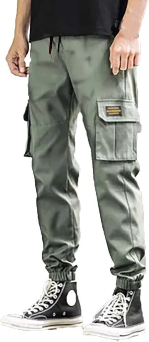 Mens Cargo Pants Jogger Hiking Elastic Waist Regular Fit Casual Straight Drawstring Lightweight Pants with Pockets