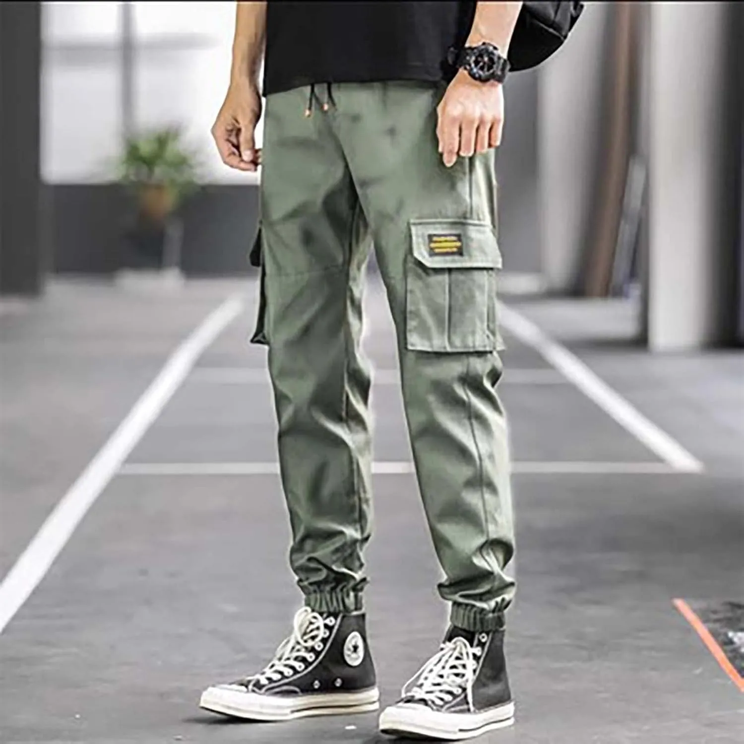 Mens Cargo Pants Jogger Hiking Elastic Waist Regular Fit Casual Straight Drawstring Lightweight Pants with Pockets