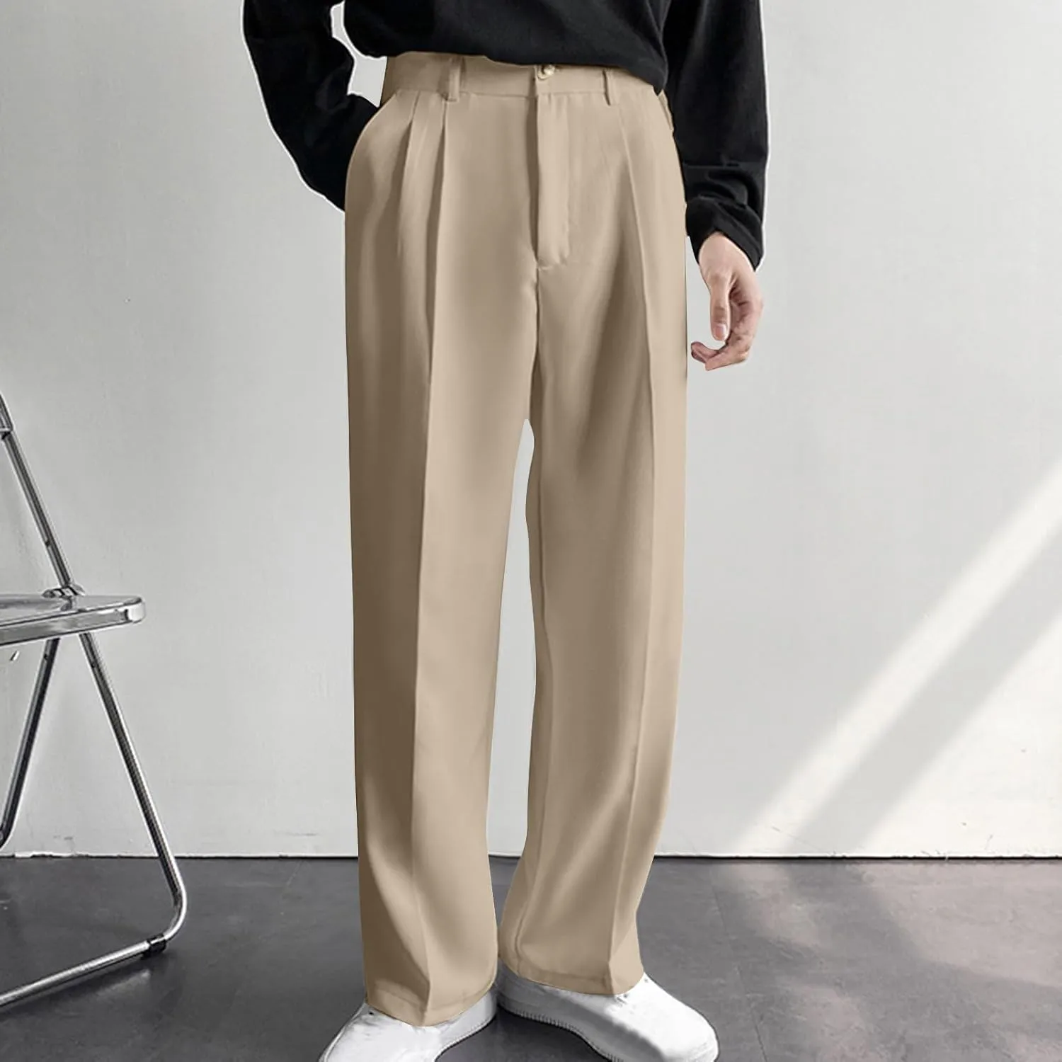 Men's Casual Business Pants Loose Pleated Dress Pants High Waisted Button Straight Wide Leg Suit Pants Work Trousers
