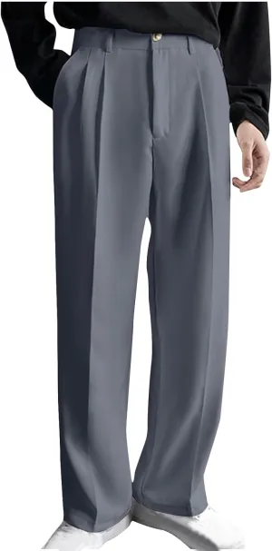 Men's Casual Business Pants Loose Pleated Dress Pants High Waisted Button Straight Wide Leg Suit Pants Work Trousers