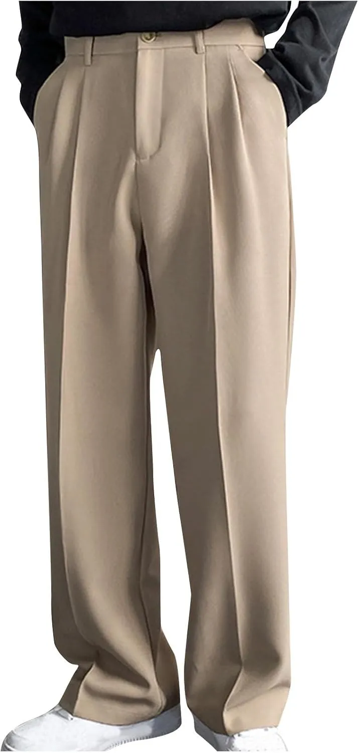 Men's Casual Business Pants Loose Pleated Dress Pants High Waisted Button Straight Wide Leg Suit Pants Work Trousers