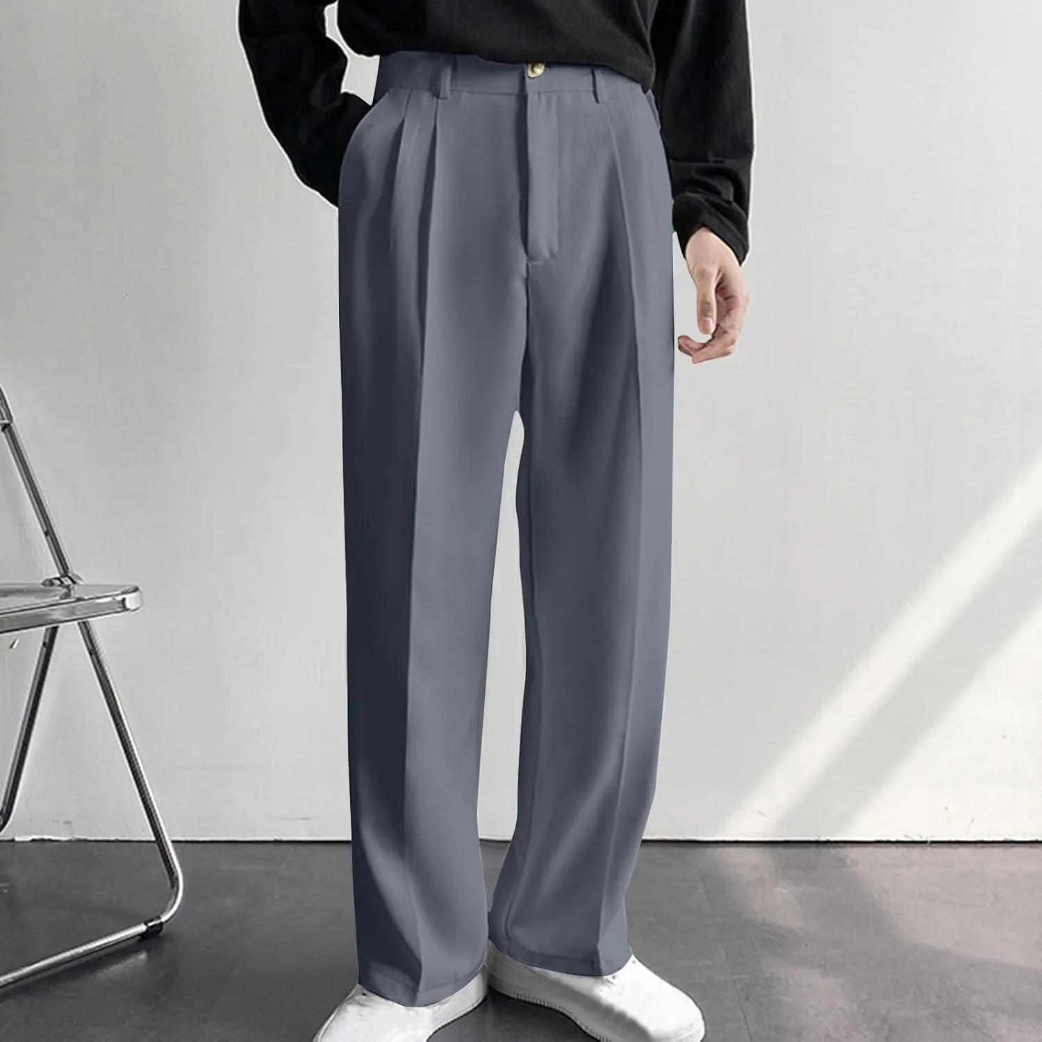 Men's Casual Business Pants Loose Pleated Dress Pants High Waisted Button Straight Wide Leg Suit Pants Work Trousers