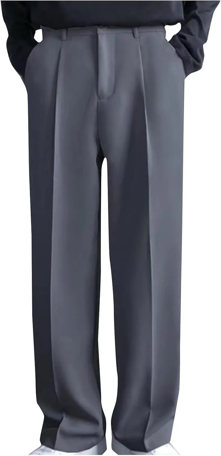 Men's Casual Business Pants Loose Pleated Dress Pants High Waisted Button Straight Wide Leg Suit Pants Work Trousers