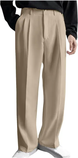 Men's Casual Business Pants Loose Pleated Dress Pants High Waisted Button Straight Wide Leg Suit Pants Work Trousers