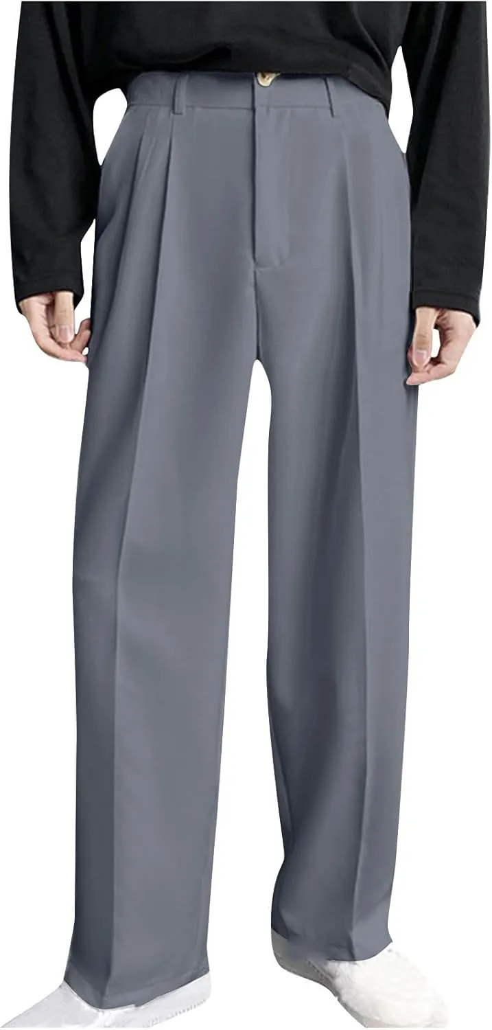 Men's Casual Business Pants Loose Pleated Dress Pants High Waisted Button Straight Wide Leg Suit Pants Work Trousers
