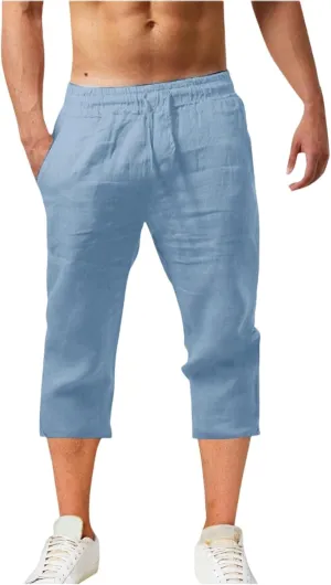 Mens Cotton Linen Pants Slim Fit 3/4 Long Shorts Elastic Waist Drawstring Harem Casual Beach Trousers