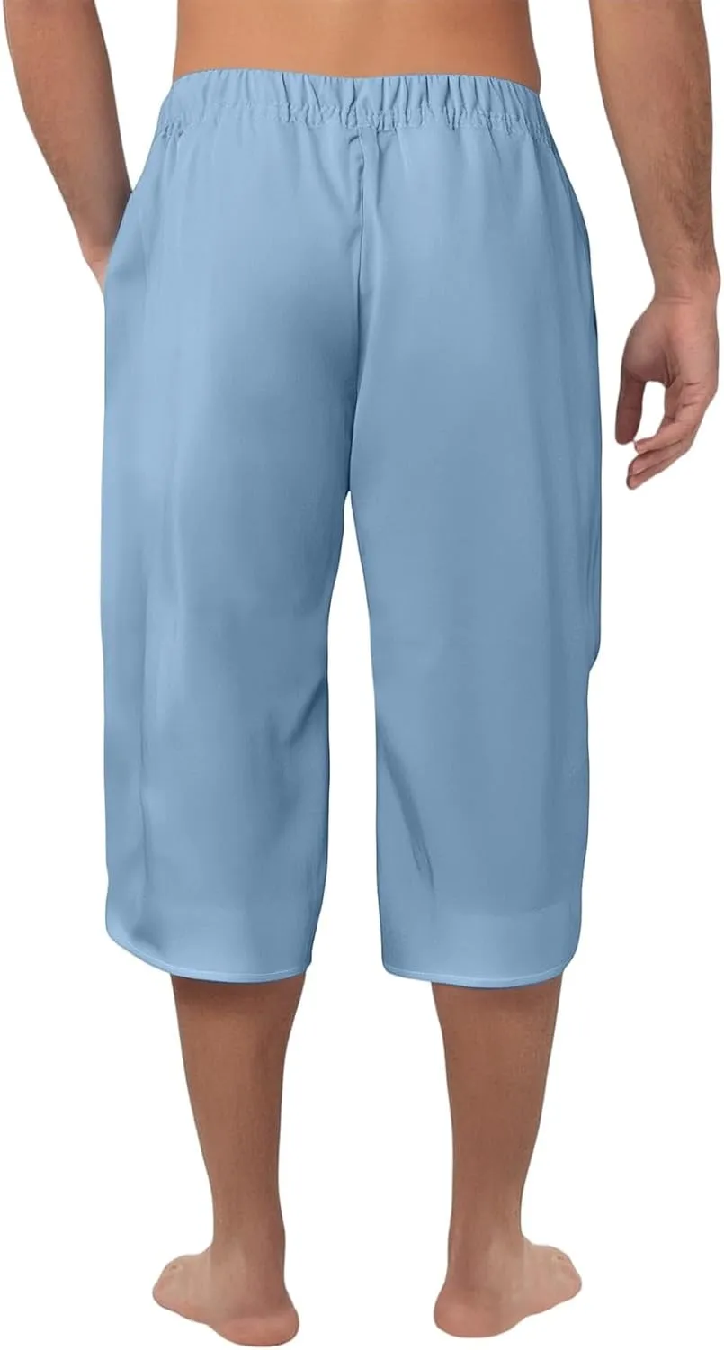 Mens Cotton Linen Pants Slim Fit 3/4 Long Shorts Elastic Waist Drawstring Harem Casual Beach Trousers