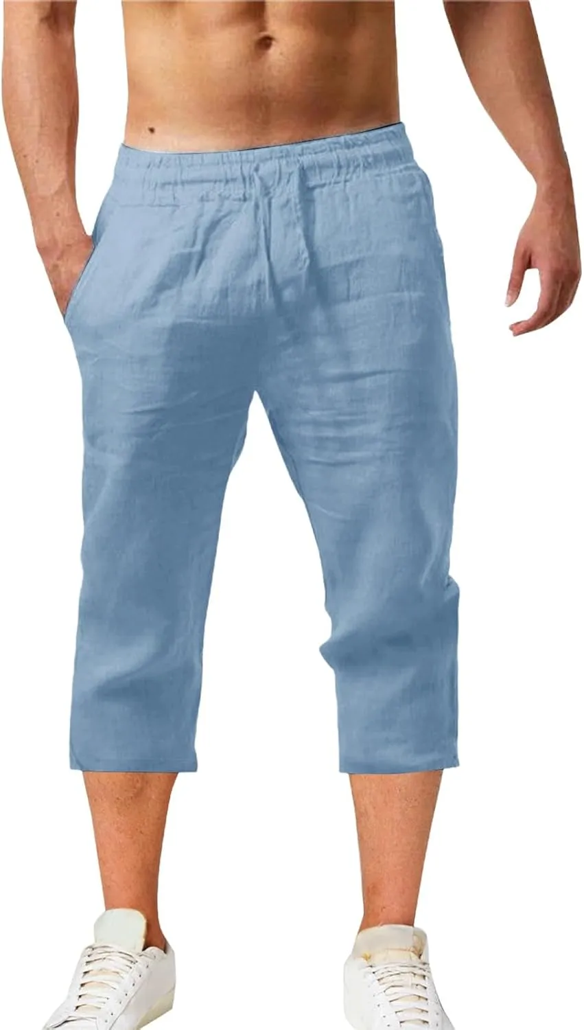 Mens Cotton Linen Pants Slim Fit 3/4 Long Shorts Elastic Waist Drawstring Harem Casual Beach Trousers
