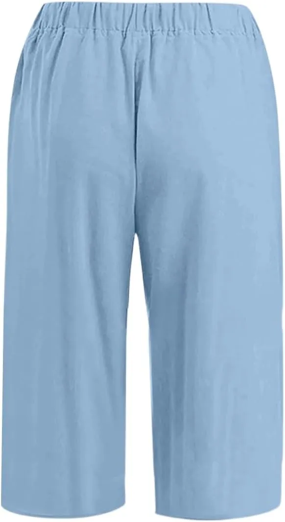 Mens Cotton Linen Pants Slim Fit 3/4 Long Shorts Elastic Waist Drawstring Harem Casual Beach Trousers