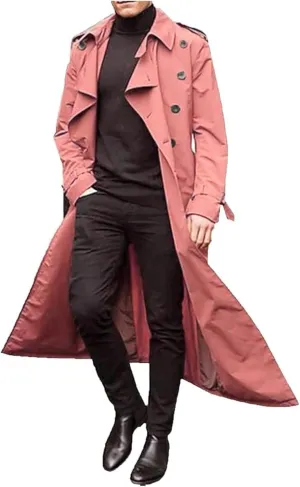 Men's Double Breasted Trench Coat Casual Slim Fit Long Jacket Lightweight Windproof Overcoat Windbreaker