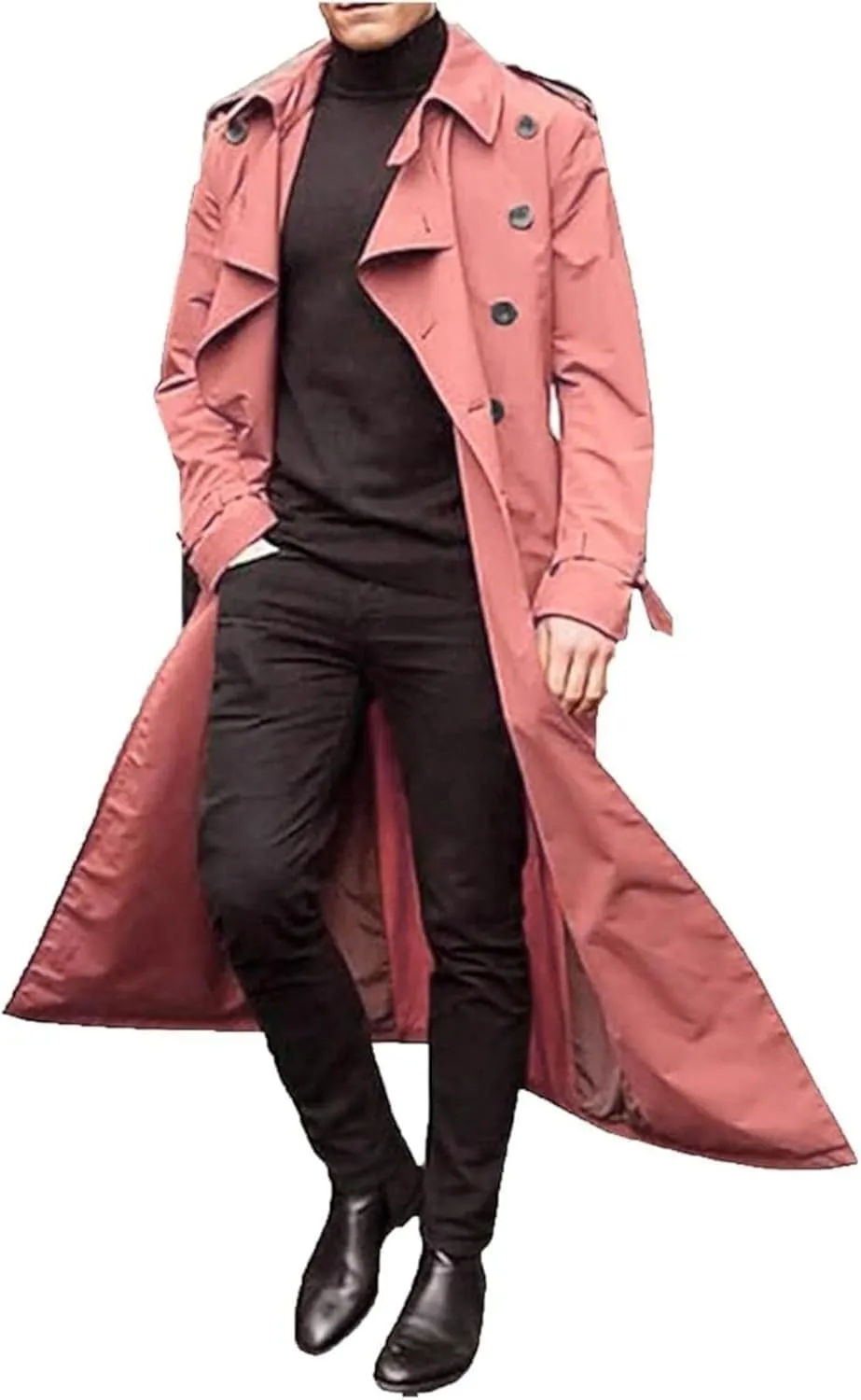 Men's Double Breasted Trench Coat Casual Slim Fit Long Jacket Lightweight Windproof Overcoat Windbreaker
