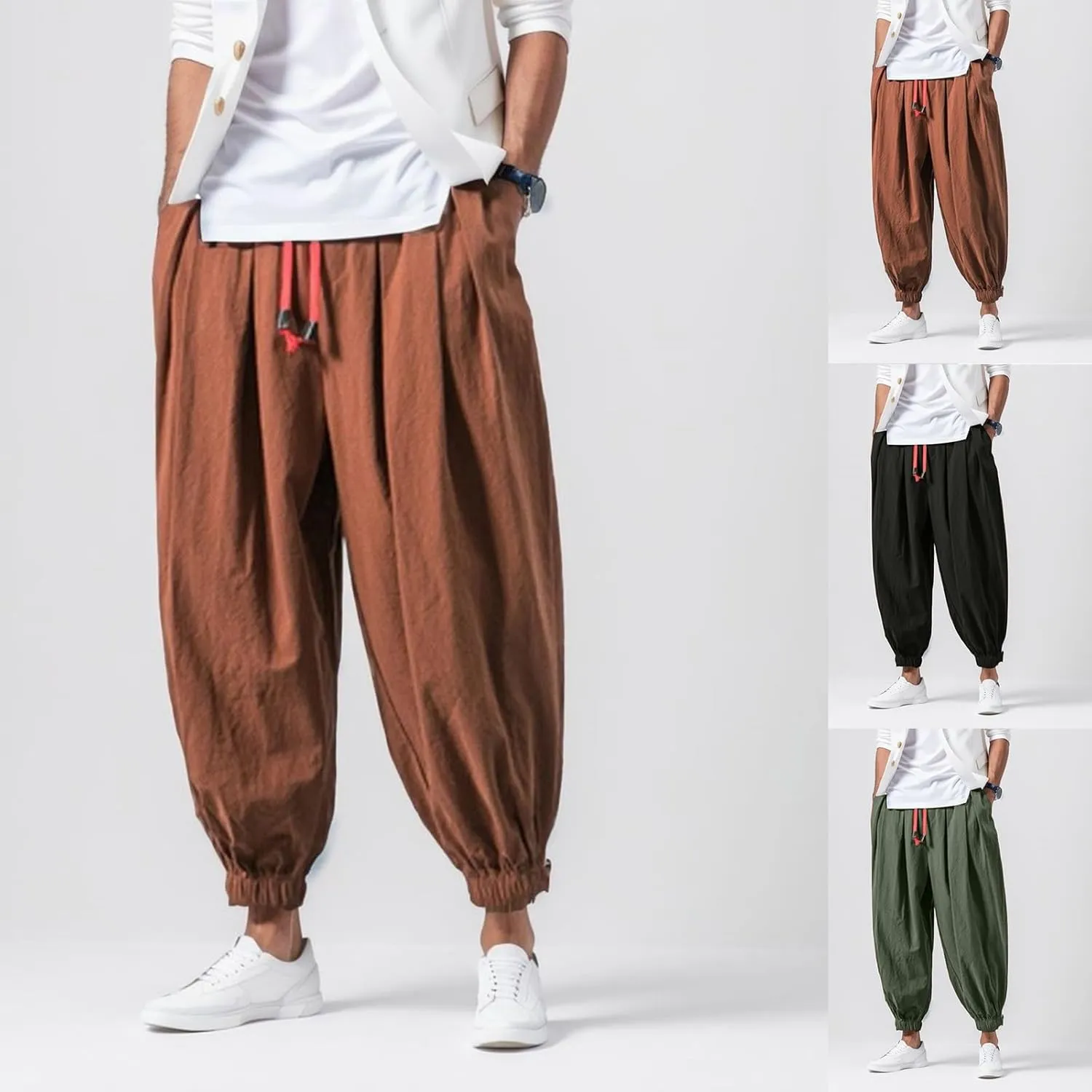 Mens Drop Crotch Harem Pants, Baggy Hippie Pants Boho Pant Wide Leg Drawstring Elastic Waist Trousers Casual Yoga Pants
