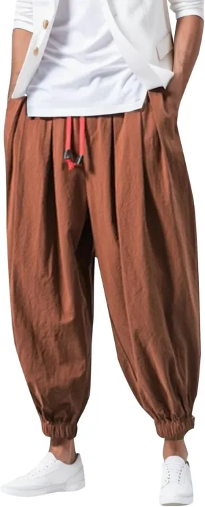Mens Drop Crotch Harem Pants, Baggy Hippie Pants Boho Pant Wide Leg Drawstring Elastic Waist Trousers Casual Yoga Pants
