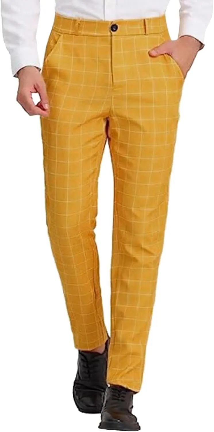 Mens Fashion Slim Fit Dress Pants Casual Work Plaid Skinny Straight Leg Pants Flat Front Business Golf Dress Pants Chinos