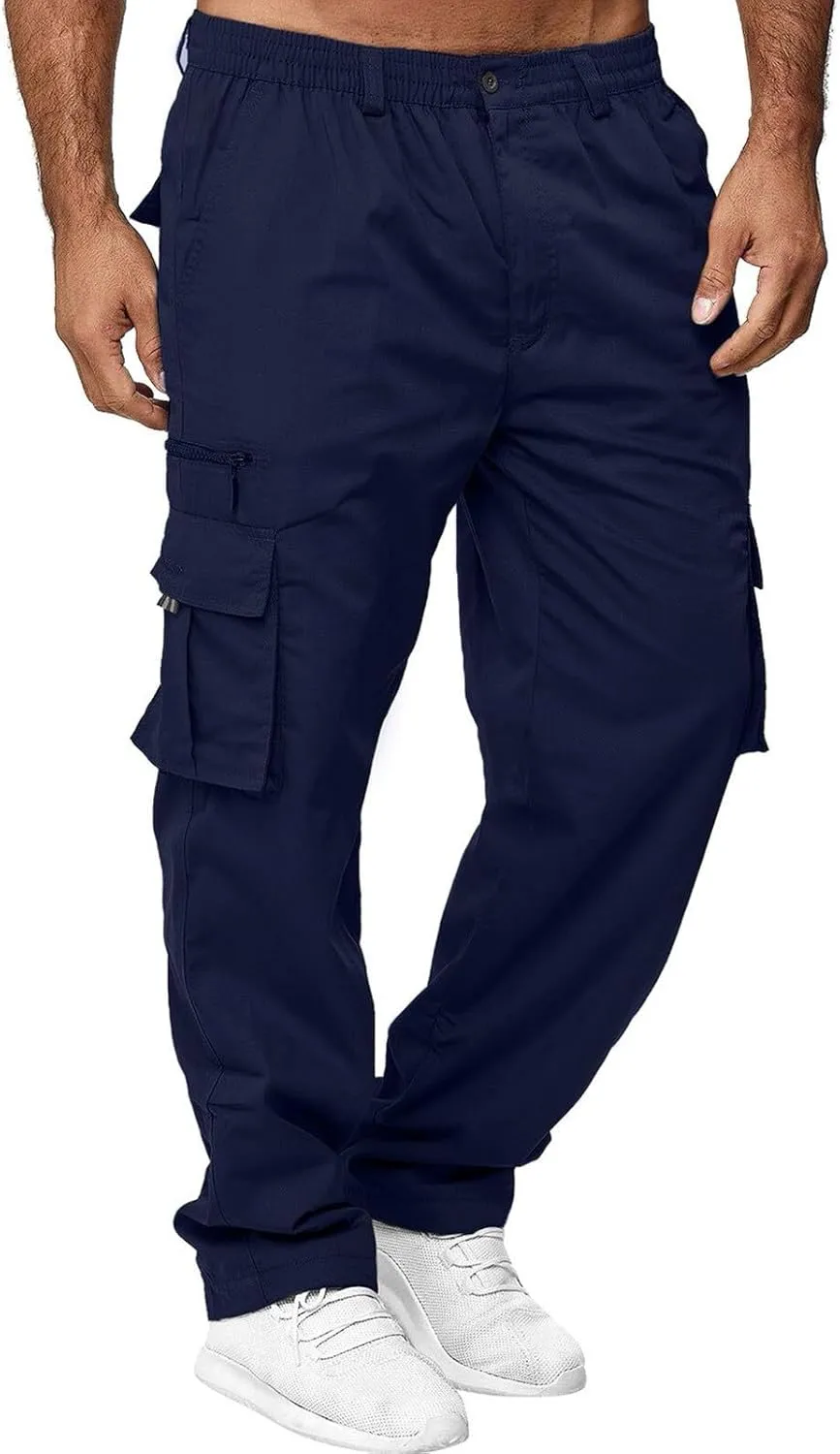 Men's Hiking Cargo Work Pants Hat Multi Woven Pocket Foot Rope Solid Pants Street Cargo Men Athletic Joggers