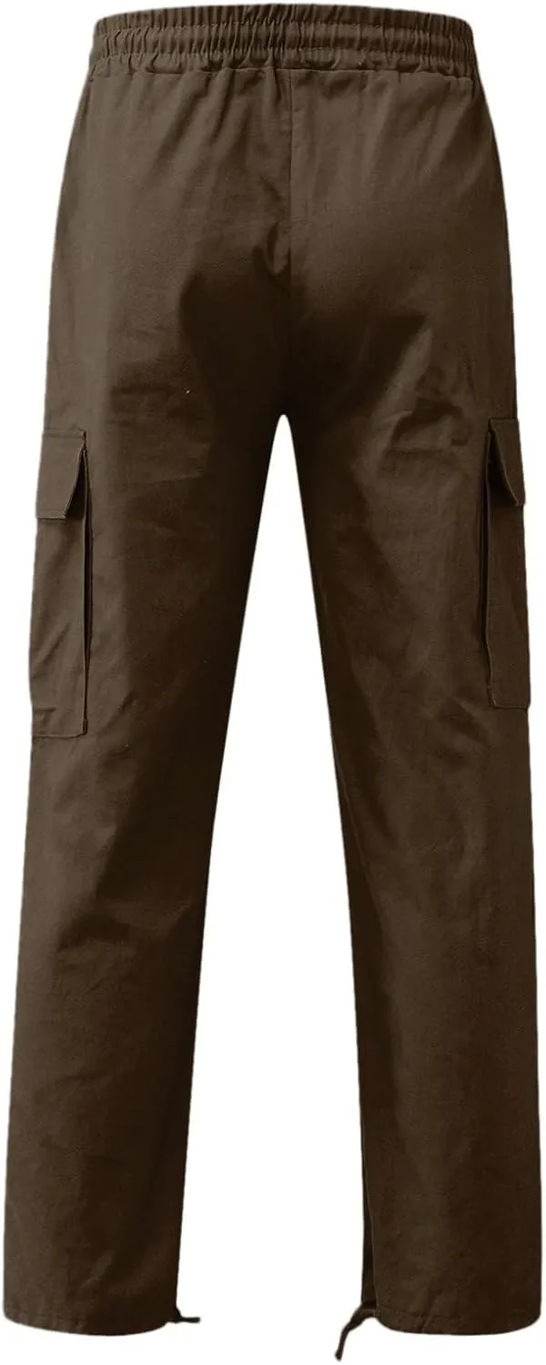 Men's Lightweight Fleece Cargo Sweatpants Baggy Elastic Waist Drawstring Pants Pockets Running Joggers Trousers