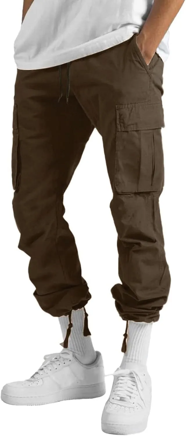 Men's Lightweight Fleece Cargo Sweatpants Baggy Elastic Waist Drawstring Pants Pockets Running Joggers Trousers