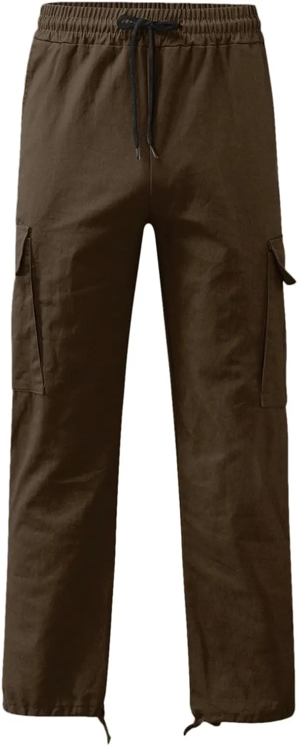 Men's Lightweight Fleece Cargo Sweatpants Baggy Elastic Waist Drawstring Pants Pockets Running Joggers Trousers