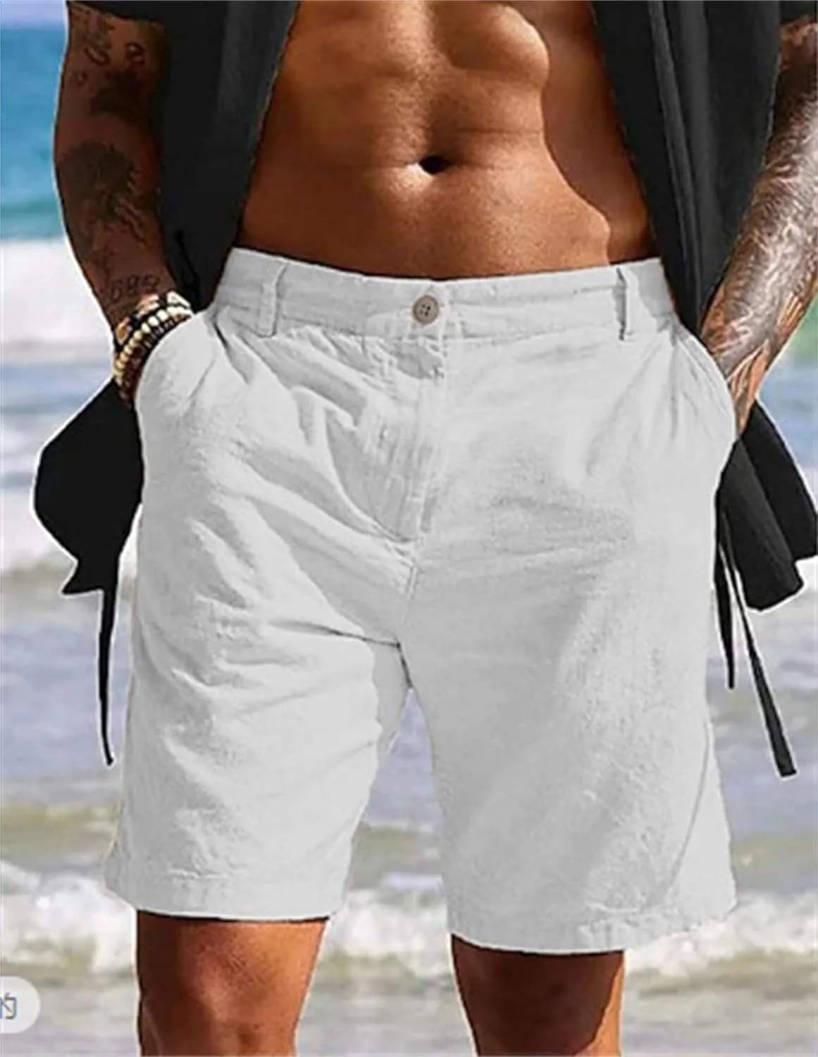 Mens Linen Shorts Elastic Waist Drawstring Casual Lightweight Slim Fit Trousers Summer Beach Yoga Pants with Pockets