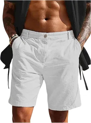 Mens Linen Shorts Elastic Waist Drawstring Casual Lightweight Slim Fit Trousers Summer Beach Yoga Pants with Pockets