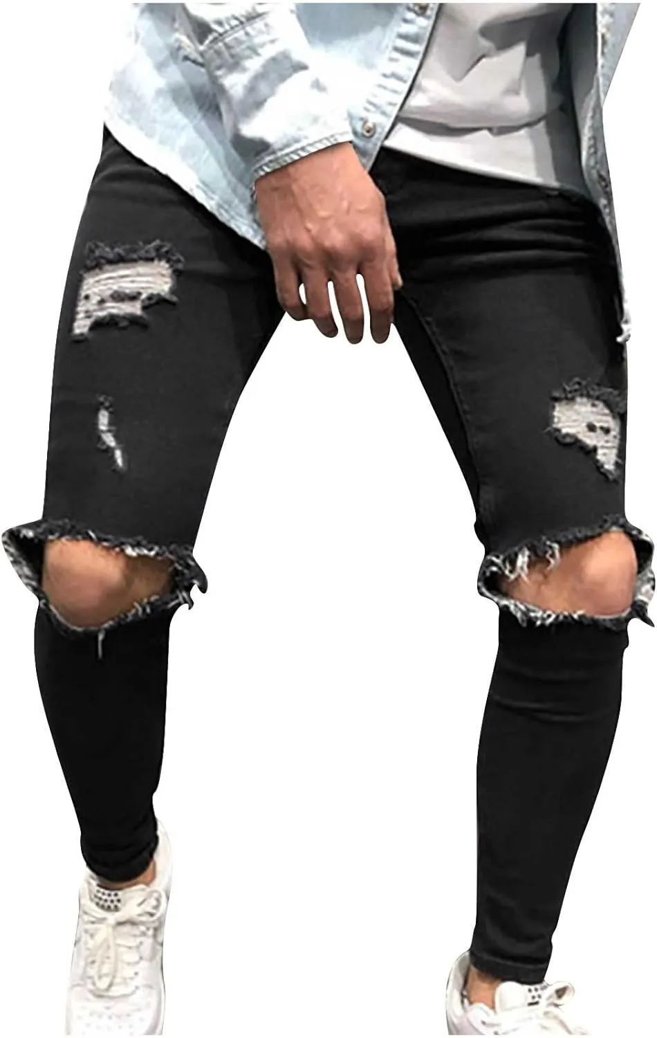 Mens Ripped Jeans, Button Zip Distressed Destroyed Slim Fit Straight Leg Denim Pants Stretched Outdoor Moto Trousers