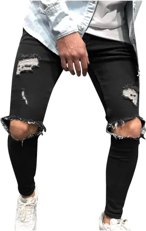 Mens Ripped Jeans, Button Zip Distressed Destroyed Slim Fit Straight Leg Denim Pants Stretched Outdoor Moto Trousers